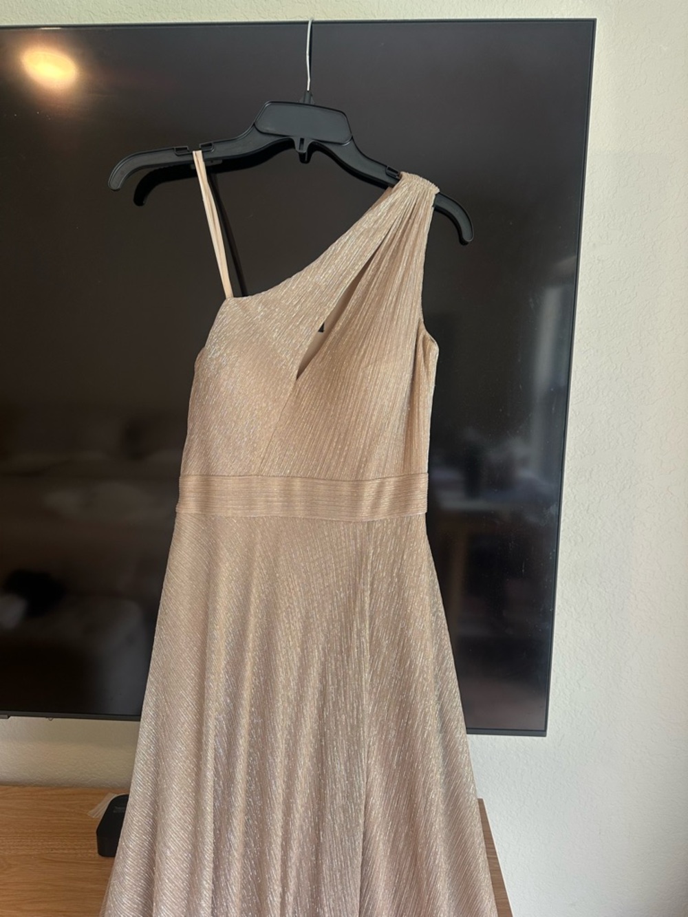 Aqua One-Shoulder Metallic Champagne Gown